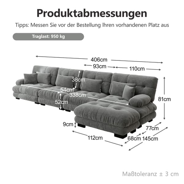 WELLTIN Modulär hörnsoffa, elegant grå chenille L-formad soffa, anpassningsbar 4-sitsig molnsoffa för avkoppling i moderna vardagsrum