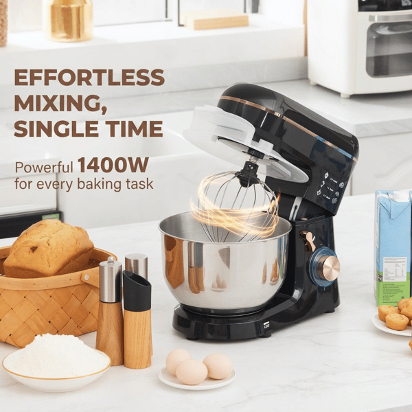 Røremaskine, foodprocessor, mixer, 6 hastigheder, 5,5L skål i rustfrit stål, sort