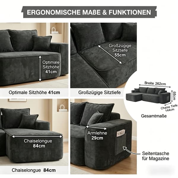 WELLTIN Svart Chenille L-formad Soffa, Extra Djup 264 cm Hörnsoffa med Divan, Modulär Molnsoffa utan Montering för Modernt Vardagsrum
