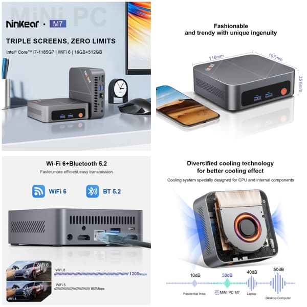 Ninkear M7 Mini PC, 16GB LPDDR4 +512G SSD, i7-1185G7