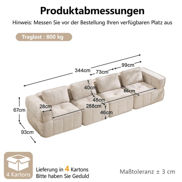 WELLTIN Extra Stor 4-sits Cloud Soffa, Ramlös Modulsoffa - Beige Polyester Vardagsrumssoffa med Halkfri Bas & Breda Armstöd, 344cm