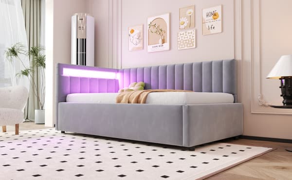 WELLTIN Polstret Daybed 90x200 Lysegrå Fløjl Vendbart Hovedgærde Sofaseng med Hydraulisk Opbevaring & LED-lys Enkeltseng til Gæsteværelse