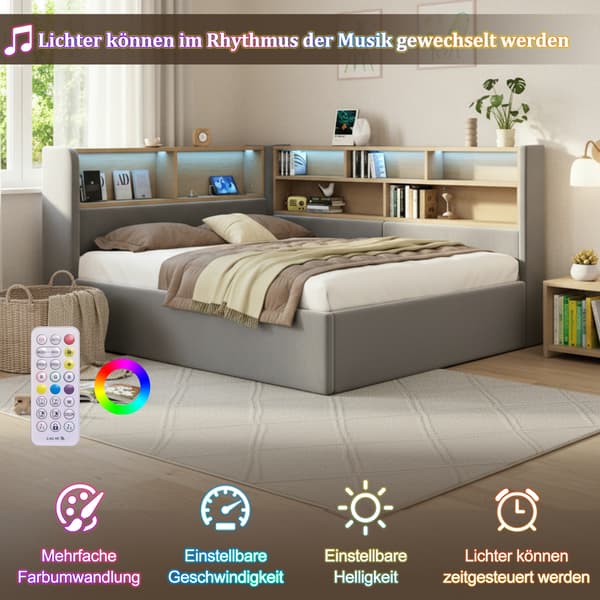 WELLTIN Grå Sammet Dagbädd 140x190, Klädd Bäddsoffa med LED & USB-portar, Premium Hydraulisk Förvaringssäng för Gästrum & Moderna Sovrum