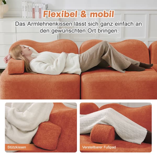 WELLTIN Orange Sammet Modulsoffa, 2-sits L-formad Soffa, Ramlös Soffa med Ottoman & Flyttbart Armstöd för Vardagsrum, Ingen Montering Krävs