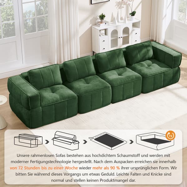 WELLTIN Extra Stor 4-sitsig Modulsoffa, Premium Ramlös Molnsoffa, Ingen Montering Grön Polyester Vardagsrumssoffa för Hemavkoppling