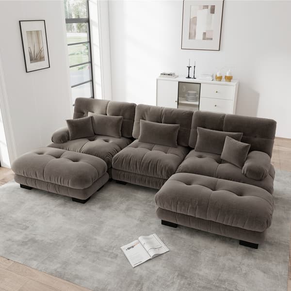 WELLTIN Brun Chenille Modulsofa, Overdimensioneret U-formet Cloud Sofa, Dyb Sæde Konvertibel Sofa med Flytbare Ottomaner til Stor Stue