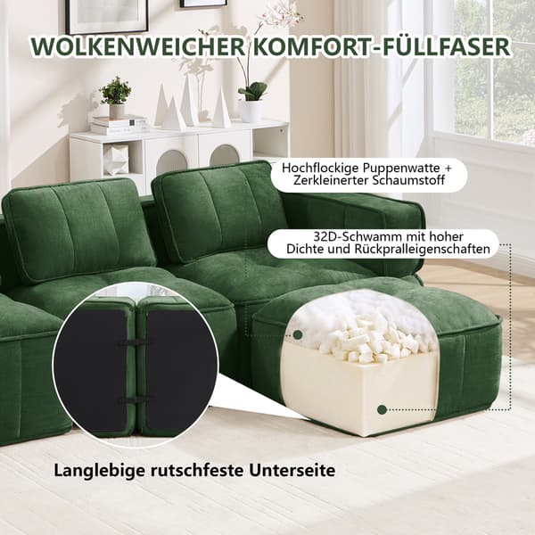 WELLTIN Extra Stor 4-sitsig Modulsoffa, Premium Ramlös Molnsoffa, Ingen Montering Grön Polyester Vardagsrumssoffa för Hemavkoppling