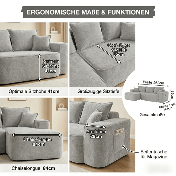 WELLTIN Grå Chenille L-formad Soffa, Modulär Sektion med Divan, Extra Djup Molnsoffa med Sidofickor för Vardagsrum & Lounge