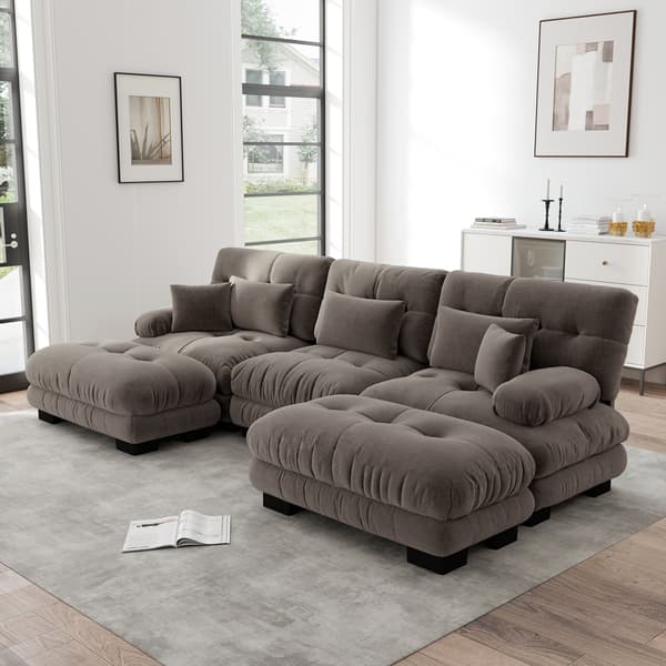 WELLTIN Brun Chenille Modulsofa, Overdimensioneret U-formet Cloud Sofa, Dyb Sæde Konvertibel Sofa med Flytbare Ottomaner til Stor Stue
