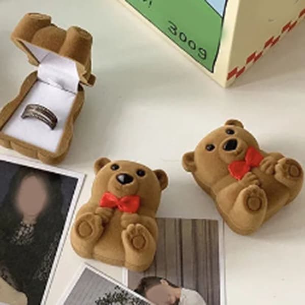 Mini Bjørn Displayboks Flocking Dejlig Kompakt Multi-brug Smykke Organizer Etui