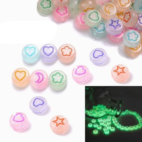 600 stk. farvede akrylperler, lysende stjerne- og måneformede DIY-tilbehør til armbånd, halskæder, øreringe