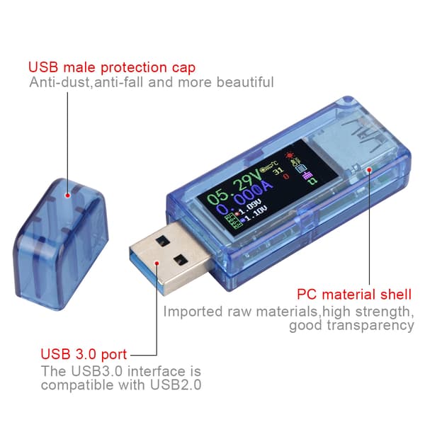USB 3.0 farvedisplay voltmeter ammeter multimeter, RuiDeng AT34 oplader strømtester