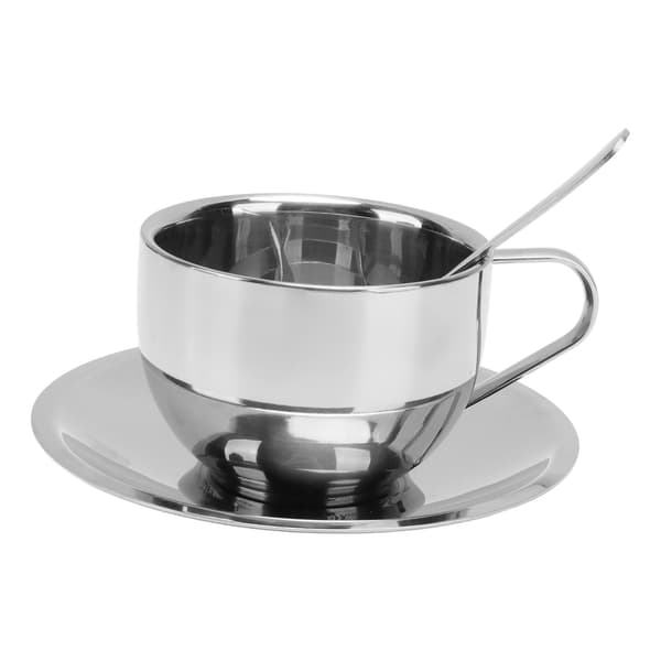 Isoleret kaffekop i rustfrit stål sæt - 180 ml dobbeltvægget krus med underkop og ske
