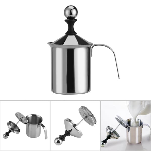 Mælkeskummer i rustfrit stål med dobbelt net, manuel, 400 ml/800 ml, kaffeskumkande, flødeblanderpiskeris