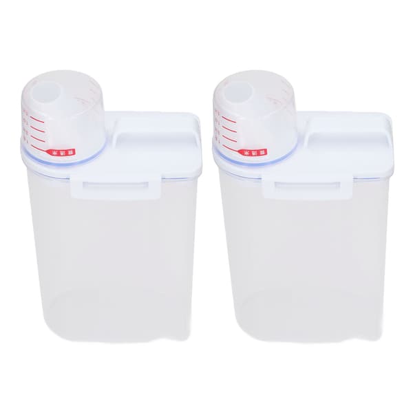 2-pack 2,5L plastrisdispenser med hällpip för spannmål, bönor, flingor, torrfoder för husdjur