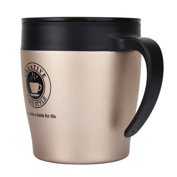 Isolerad kaffemugg i rostfritt stål med sked och lock, guldkontorsmugg