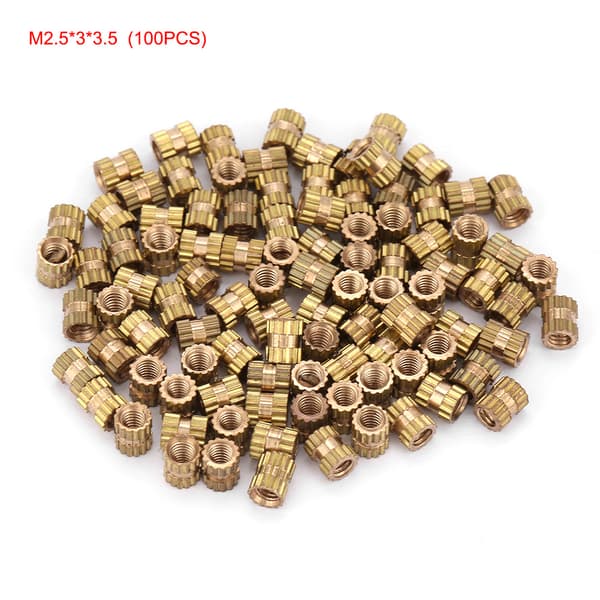 M2.5 messing riflede cylinderindsatsmøtrikker, 3x3.5mm, 100 pak