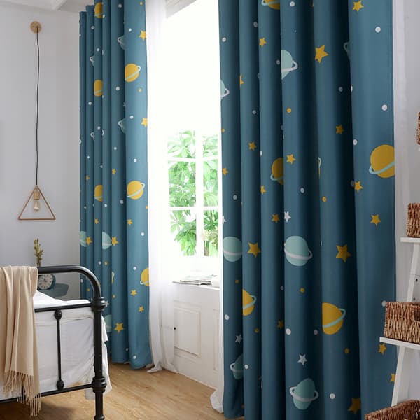 Tecknade Blå Planeter Polyester Mörkläggningsgardiner Ljusblockerande Draperier för Sovrum Vardagsrum (1 Panel)