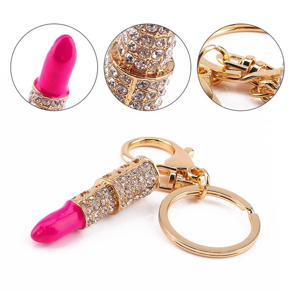 Nyckelring med läppstift i kristall och strass, väskberlock, present