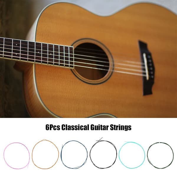 6-delars set flerfärgade nylonlegeringssträngar med standardspänning för klassisk gitarr