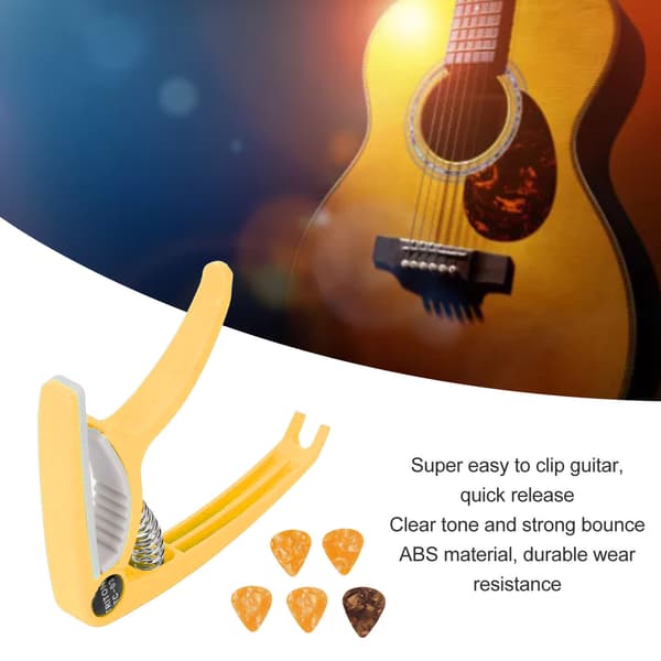 ABS Quick Clip Gitarr Capo Set med 5 Plektrum för Akustisk Elektrisk 6-strängad Gitarr Banjo Mandolin Ukulele Gul