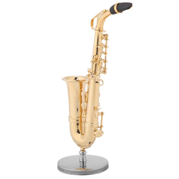 Miniature altsaxofonreplika med stativ og etui, forgyldt instrumentmodelpynt