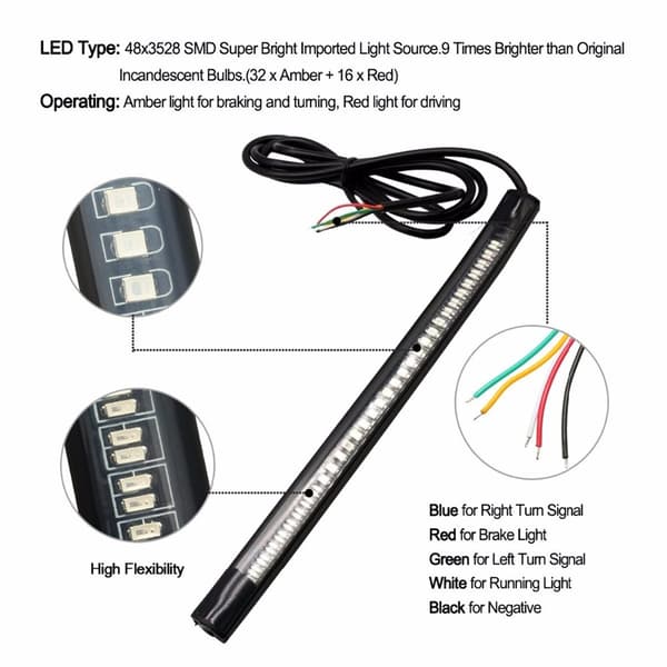 48SMD LED Motorcykel Lysstribe Til Baglygte Bremselys Blinklys