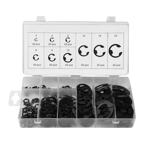 Sort Metal E-Clip Låsering Sortimentsboks - 300 stk (3mm-22mm)