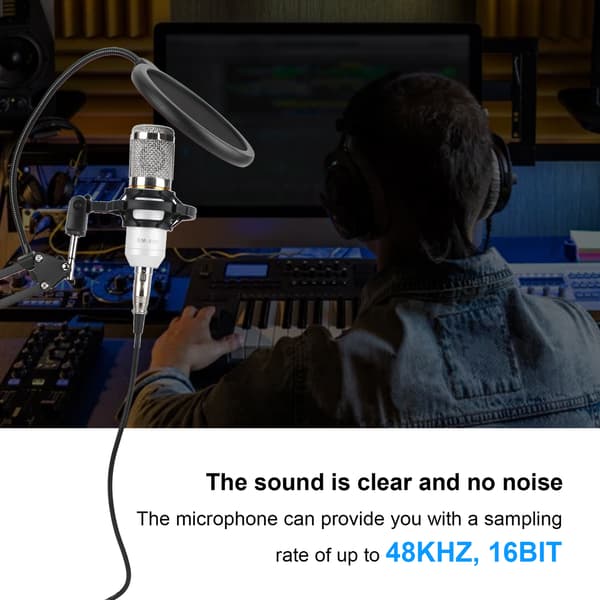 USB Studio Kondensatormikrofonsæt m/ bomarm, shock mount, klips, hvid sølv, til streaming podcast PC