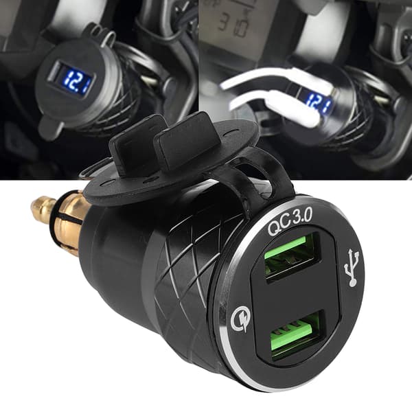 12V-24V Motorcykel USB-port Strømopladerstik med LED-display EU-stik Sort