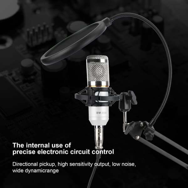 USB Studio Kondensatormikrofonsæt m/ bomarm, shock mount, klips, hvid sølv, til streaming podcast PC