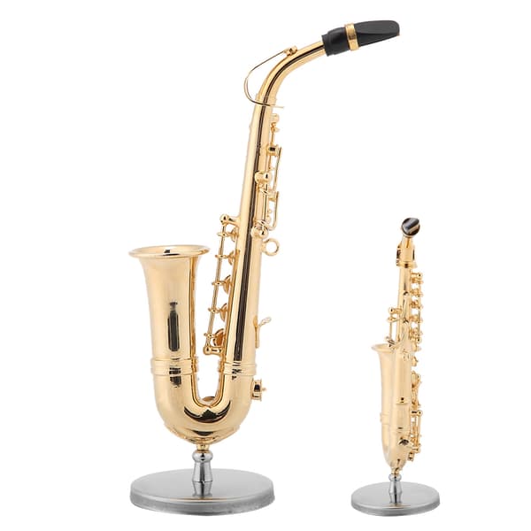 Miniature altsaxofonreplika med stativ og etui, forgyldt instrumentmodelpynt
