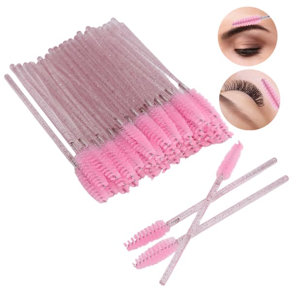 50 stk. nylon makeupbørster, mascarabørster, øjenvippebørster, engangs, bærbare børster, lyserød