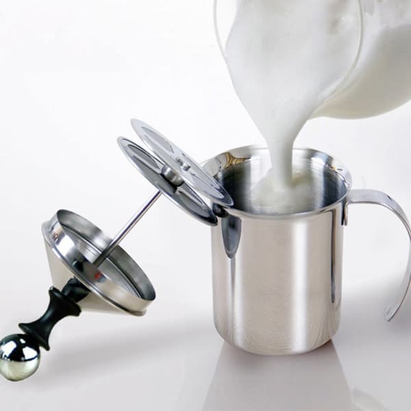Mælkeskummer i rustfrit stål med dobbelt net, manuel, 400 ml/800 ml, kaffeskumkande, flødeblanderpiskeris