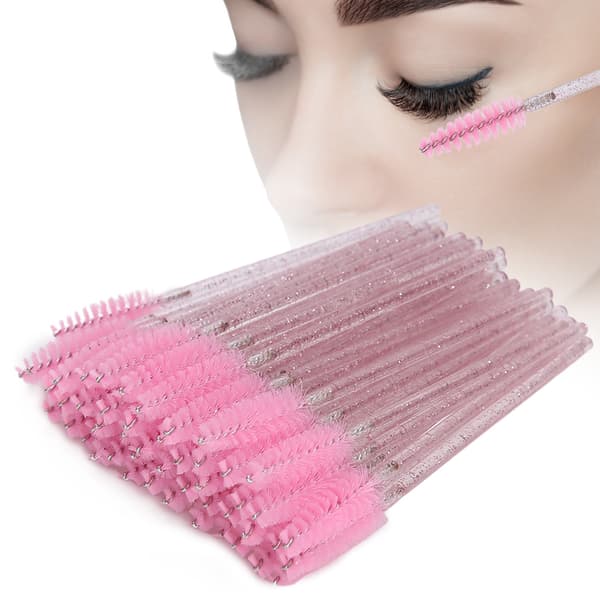 50 stk. nylon makeupbørster, mascarabørster, øjenvippebørster, engangs, bærbare børster, lyserød