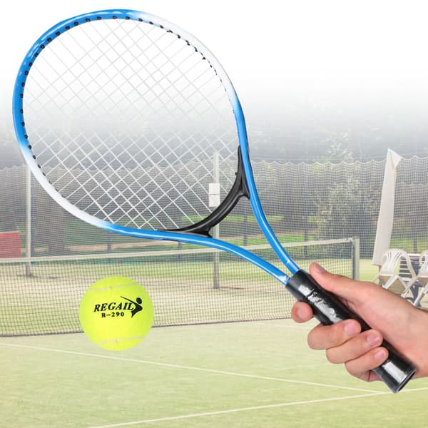 Ungdoms blå tennisracket i jernlegering til børn med træningsbold og mulepose