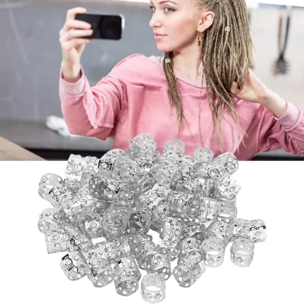 100 st Dreadlocks Pärlor Glittrande Strass Trendiga Hårflätningsringar för Hårdekoration Silver