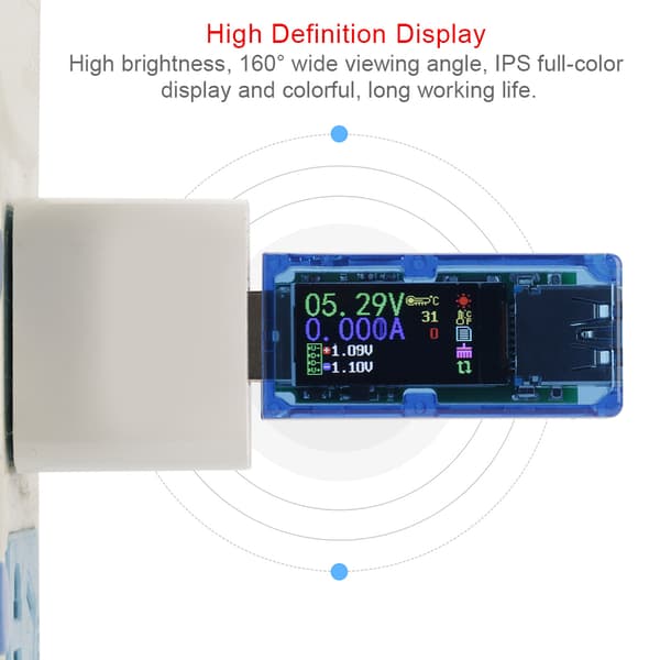 USB 3.0 farvedisplay voltmeter ammeter multimeter, RuiDeng AT34 oplader strømtester