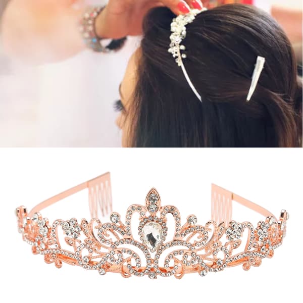 Brudkrona Rhinestone Elegant Glittrande Bröllopsprinsesskrona för Halloween Roséguld
