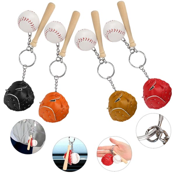 4 stk. Mini Baseballbat Bold Sæt Nøglering Vedhæng Dekoration til Tasker Nøgle
