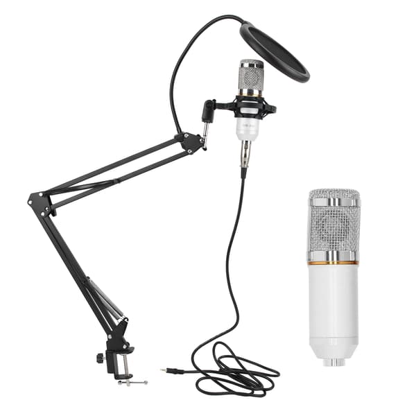 USB Studio Kondensatormikrofonset med bomarm, stötdämpare, klämma, vit silver, för streaming, podcast, PC