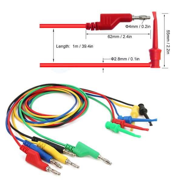5 stk. 4 mm 1 m stabelbar bananstik til krokodilleklemme multimeter testledningssæt