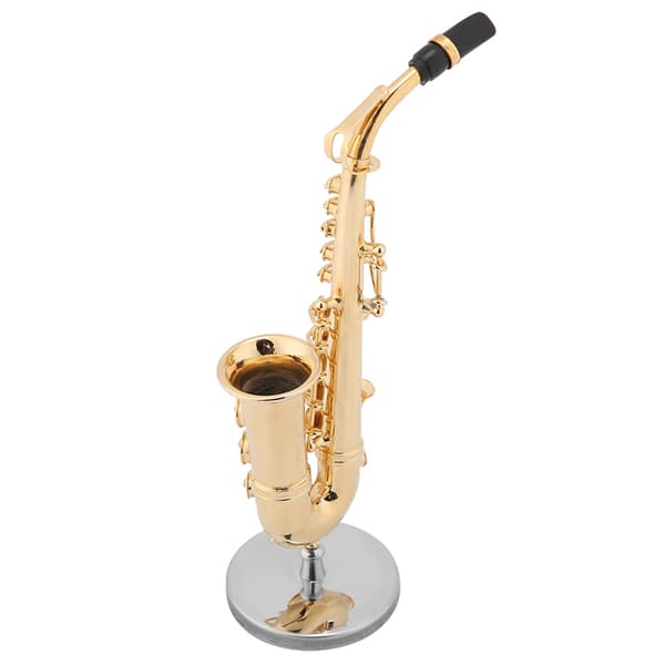Miniature altsaxofonreplika med stativ og etui, forgyldt instrumentmodelpynt