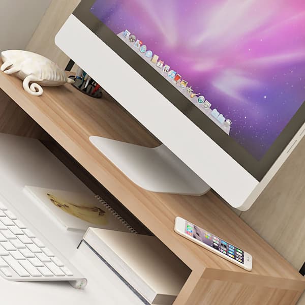 Ergonomisk datorskärmsstativ med extra förvaring, förhöjd bas för stationär dator/laptop, ljus valnöt