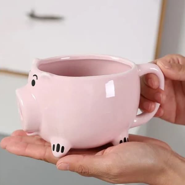 Keramisk rosa grismugg - Söt djurformad mugg för kaffe, te, mjölk