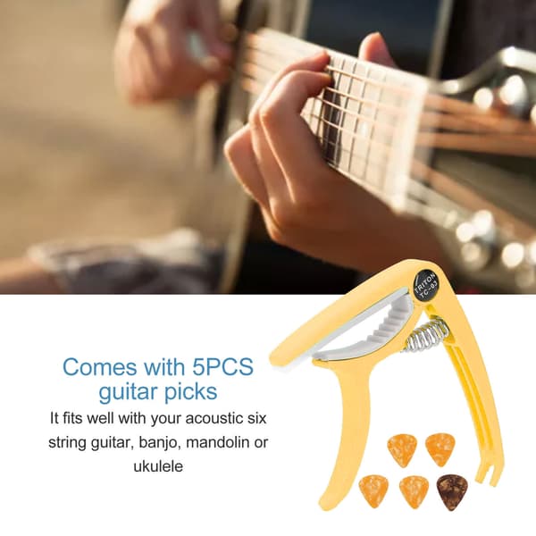 ABS Quick Clip Gitarr Capo Set med 5 Plektrum för Akustisk Elektrisk 6-strängad Gitarr Banjo Mandolin Ukulele Gul