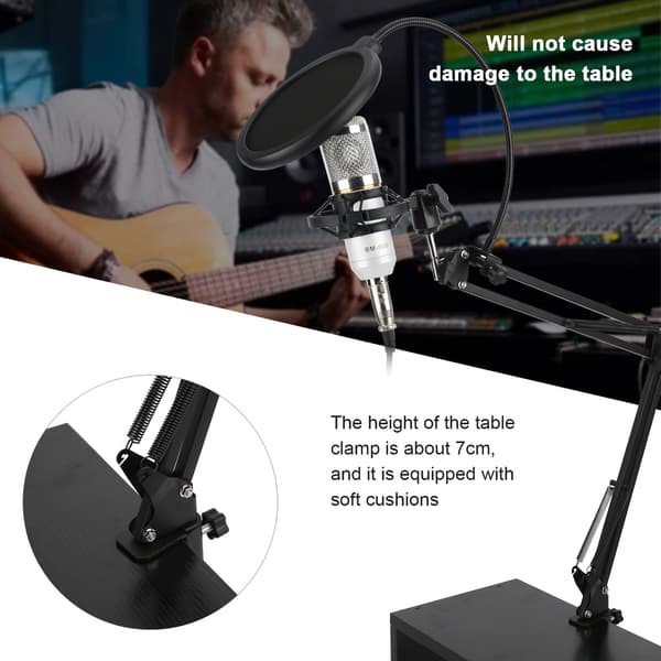USB Studio Kondensatormikrofonsæt m/ bomarm, shock mount, klips, hvid sølv, til streaming podcast PC