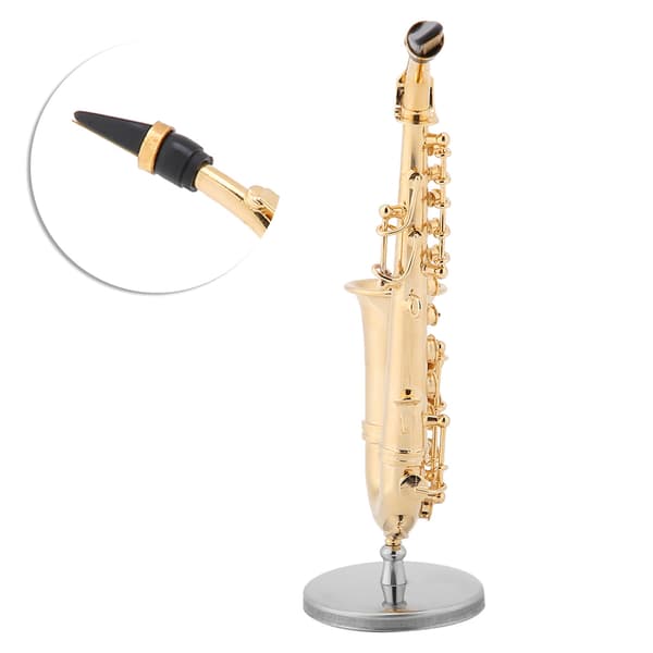 Miniature altsaxofonreplika med stativ og etui, forgyldt instrumentmodelpynt