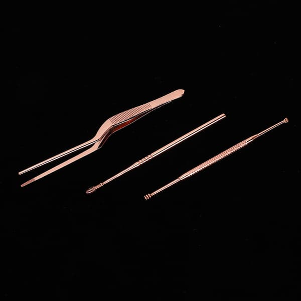 3 stk. ørevoksfjerner i rustfrit stål med dobbelt hoved, pincet og curette (rosaguld)