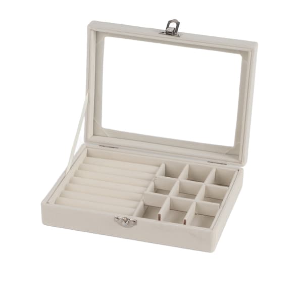 Låsbar Flannel Smykke Organizer Boks til Halskæder Øreringe Armbånd Ringe Beige 9 Gitre